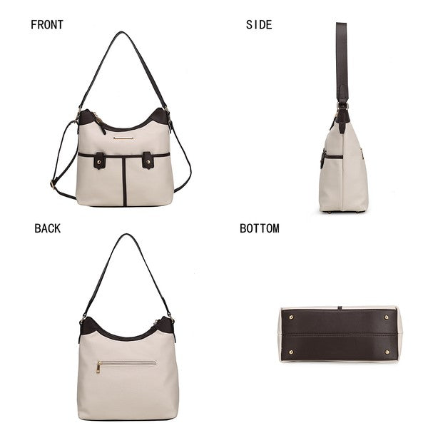 Beige Schultertasche, Ansichten: Front, Seite, Rückseite und Boden; dunkle Streifen und Träger