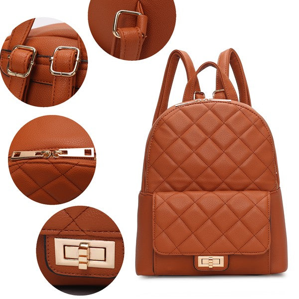 Brown quilted mini backpack; close-up details of straps and front buckle