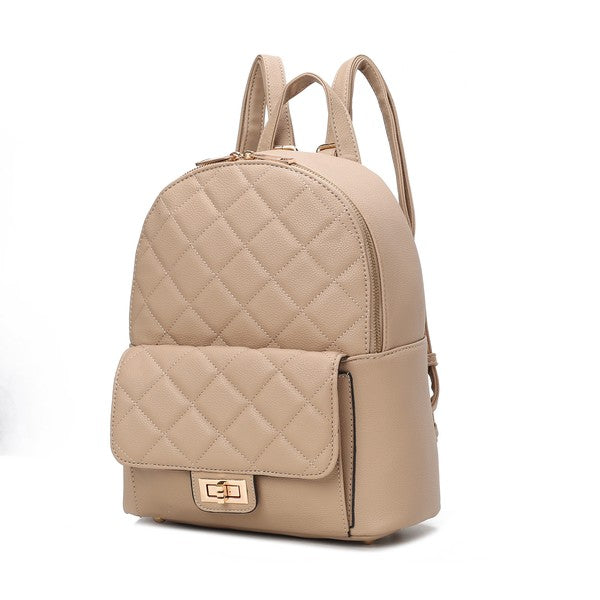 Light taupe quilted mini backpack with front flap and gold buckle, zip top