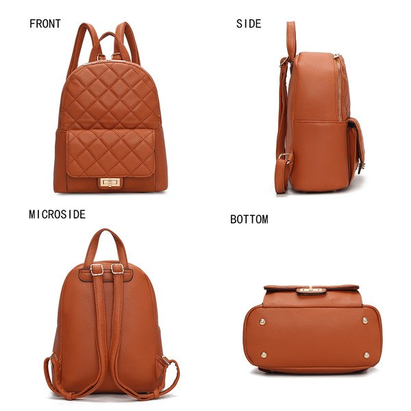 Orange quilted mini backpack with front flap buckle; front/side/bottom views