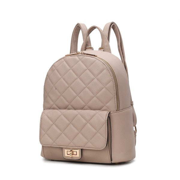 Taupe quilted mini backpack with front flap, gold buckle, and zip closure