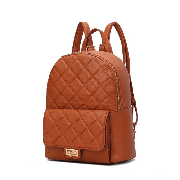 Cognac quilted mini backpack with front flap, gold buckle, and zip top