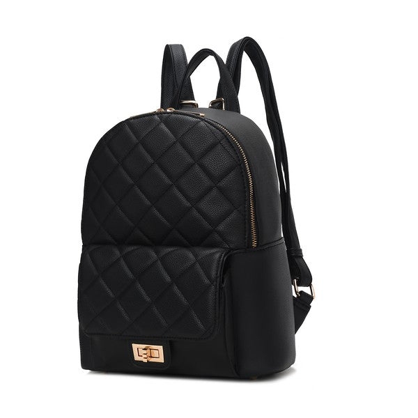 Black quilted mini backpack with front flap, gold buckle, and adjustable shoulder straps