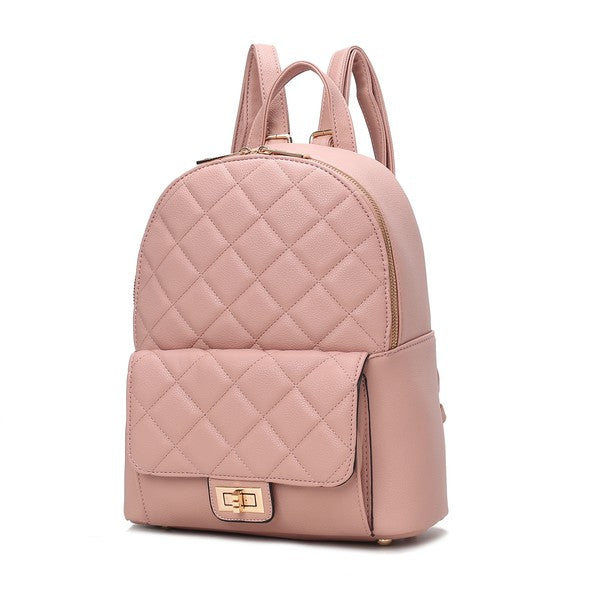 Mauve/pink quilted mini backpack with front flap, gold buckle, and zip closure