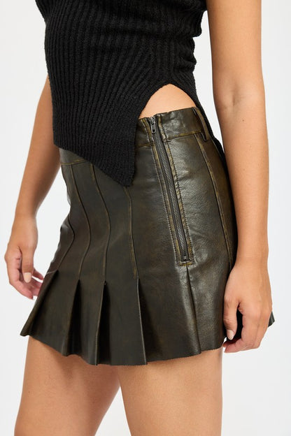 Brown Faux Leather Pleated Mini Skirt - Tigbul's Variety Fashion Shop