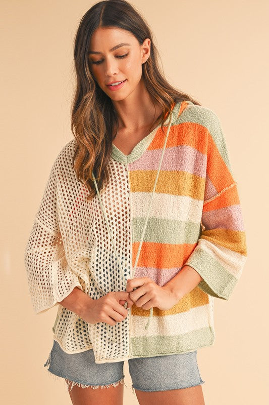 Oversized Colorblock V Neck Hooded Sweater - Tigbul's Variety Fashion Shop