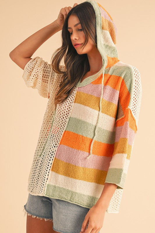 Oversized Colorblock V Neck Hooded Sweater - Tigbul's Variety Fashion Shop