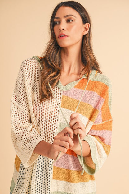 Oversized Colorblock V Neck Hooded Sweater - Tigbul's Variety Fashion Shop