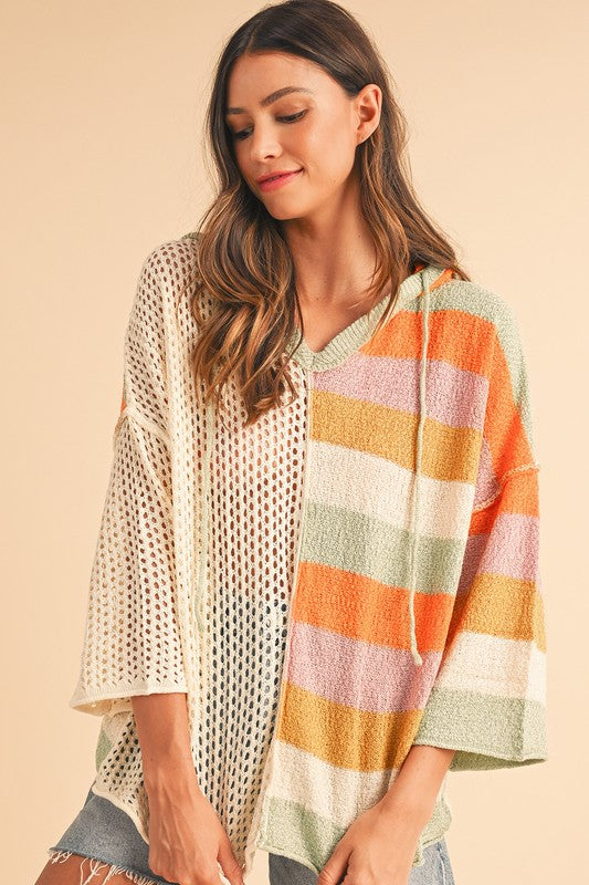 Oversized Colorblock V Neck Hooded Sweater - Tigbul's Variety Fashion Shop