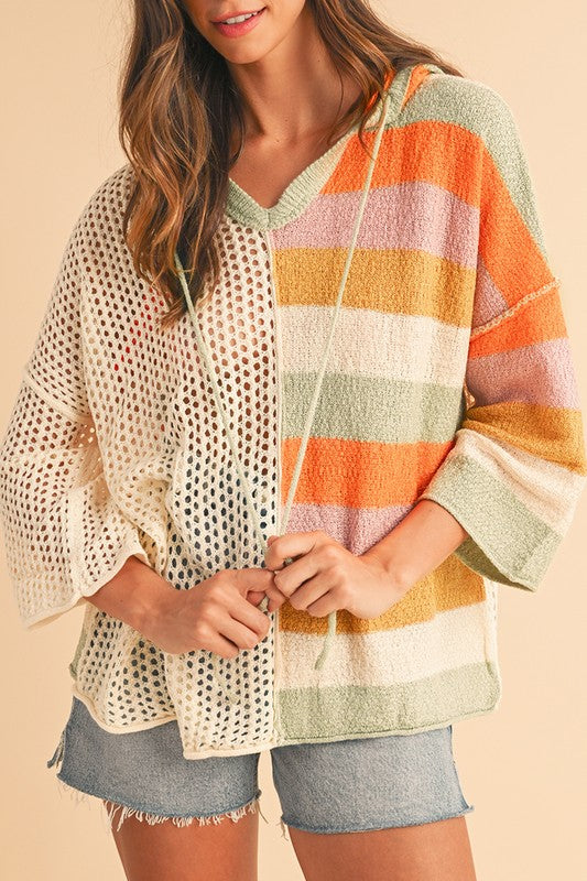 Oversized Colorblock V Neck Hooded Sweater - Tigbul's Variety Fashion Shop