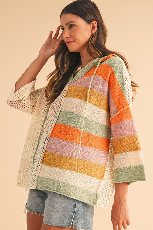 Oversized Colorblock V Neck Hooded Sweater - Tigbul's Variety Fashion Shop