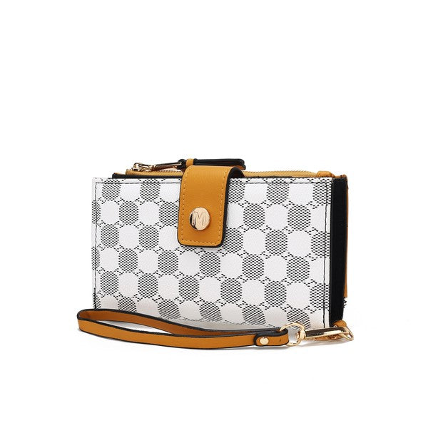 Solene wristlet wallet with white checker pattern, mustard leather flap, and crossbody strap