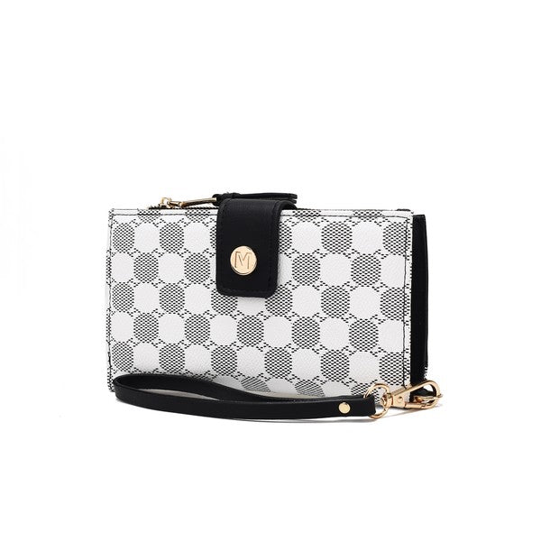 Solene wristlet wallet with white checker pattern, black flap, and crossbody strap