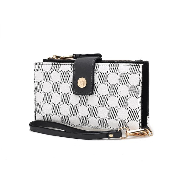 Solene wristlet wallet with white checker pattern, dark flap, and crossbody strap