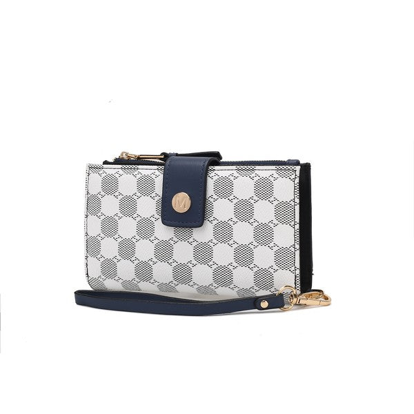 Solene wristlet wallet with white checker pattern, navy flap, and crossbody strap
