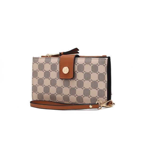 Solene wristlet wallet with beige checker pattern, brown leather flap, and crossbody strap