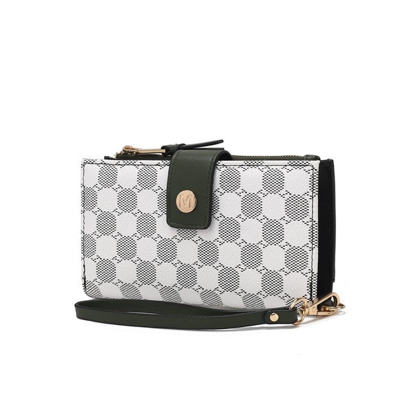 Solene wristlet wallet with white checker pattern, olive flap, and crossbody strap