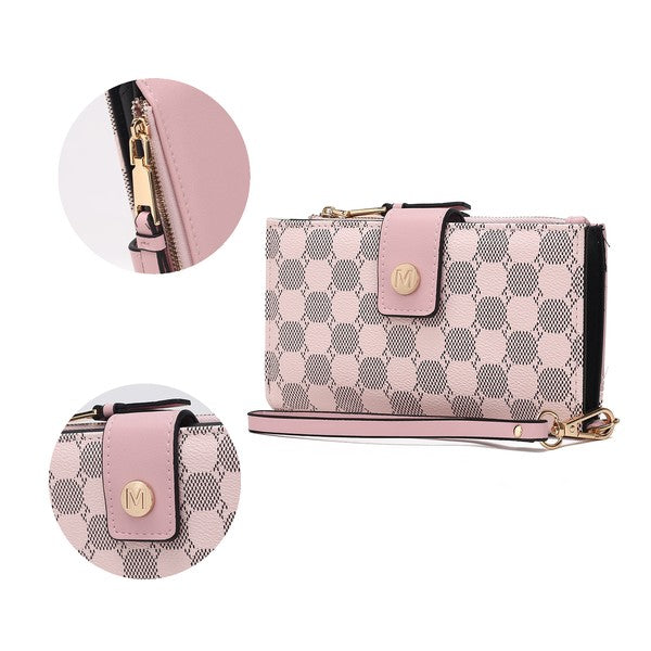 Solene wristlet wallet close-up: light pink check pattern, pink flap with gold M logo