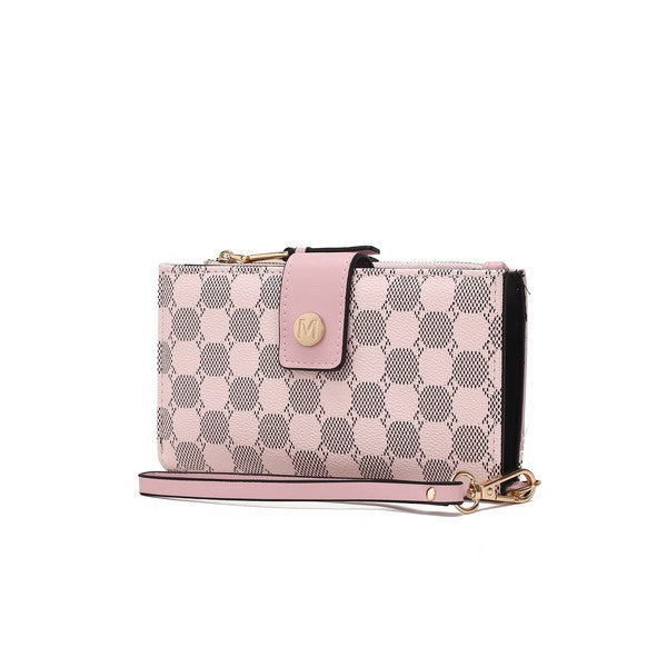 Solene wristlet wallet in light pink with check pattern, pink flap and gold zipper