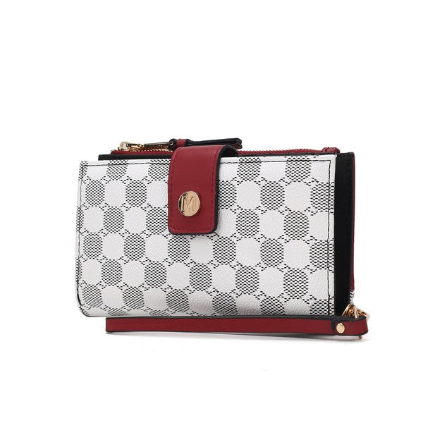 Solene wristlet wallet with patterned fabric, red flap, gold zipper and wrist strap
