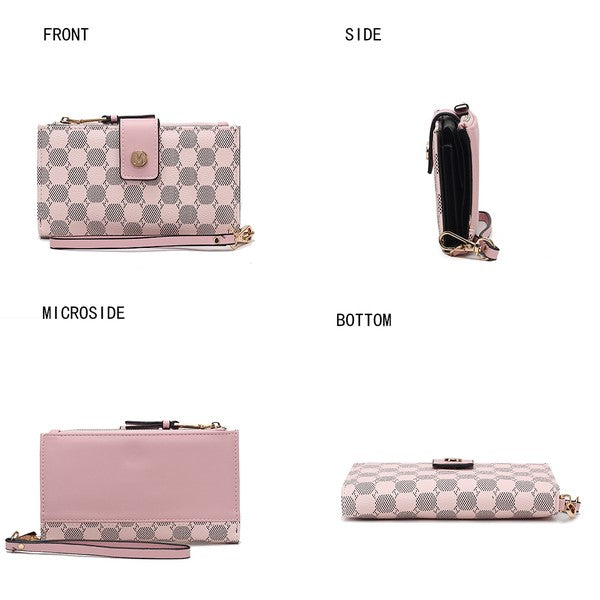 Solene wristlet wallet size views: front, side, micro side and bottom in light pink