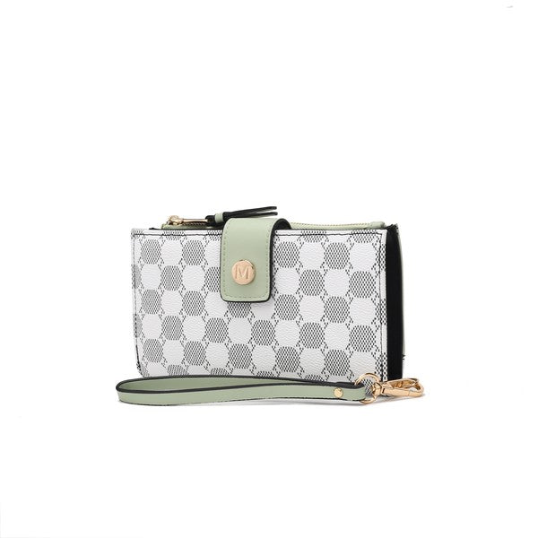 Solene wristlet wallet with white checker pattern, mint leather flap, and crossbody strap