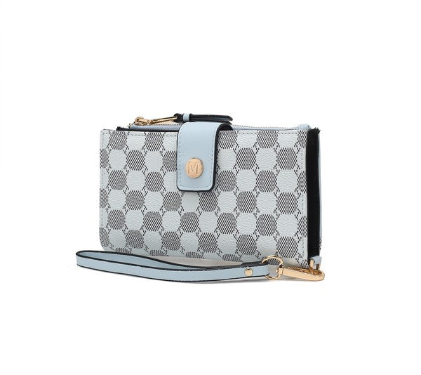 Solene wristlet wallet with light checker pattern, light blue flap, and crossbody strap