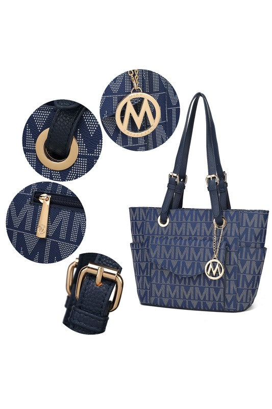 Navy tote bag set: front medallion, handles, and chain strap details