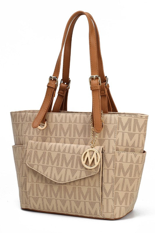 Signature tote bag in Tan with brown leather handles and M emblem front