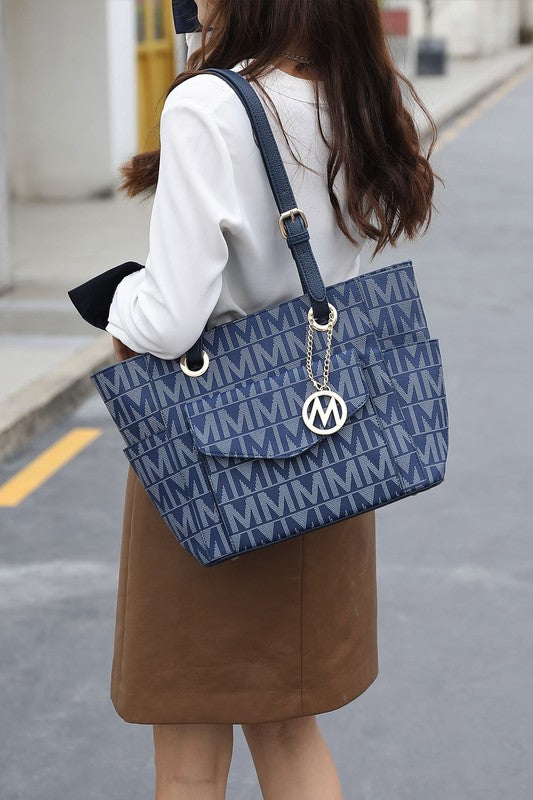 MKF Griselda Signature Tote Bag in Navy with logo charm and shoulder straps