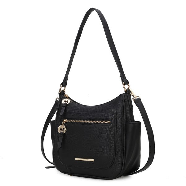 Wally shoulder bag in black with front zip pocket, gold bar detail, and crossbody strap