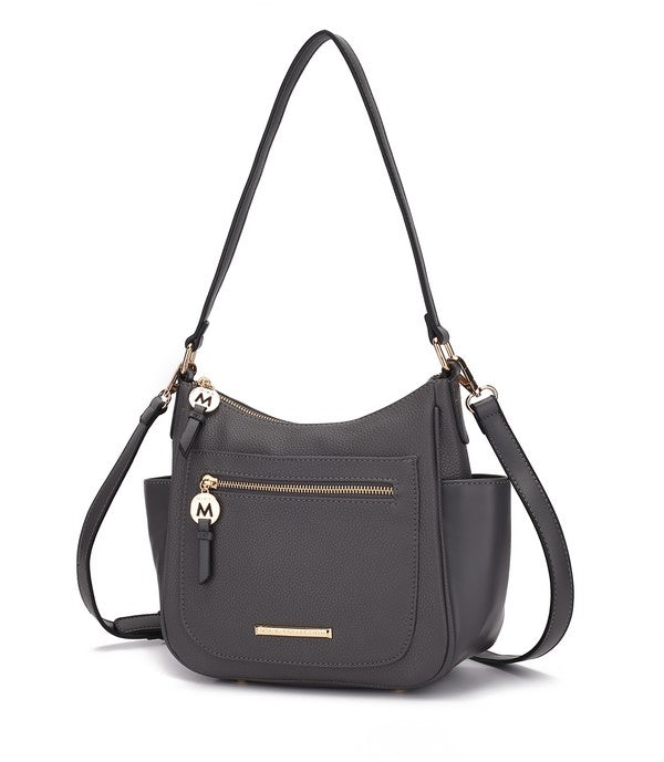 Wally shoulder bag in charcoal with front zip pocket, gold bar detail, and dual straps
