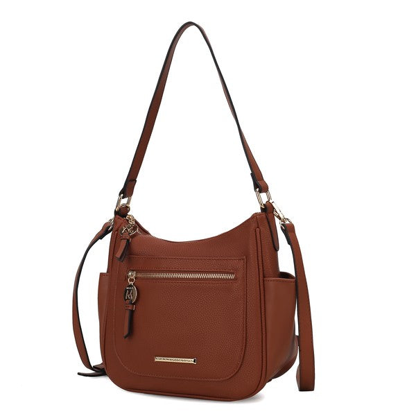 Wally shoulder bag in cognac with front zip pocket, gold bar detail, and shoulder strap