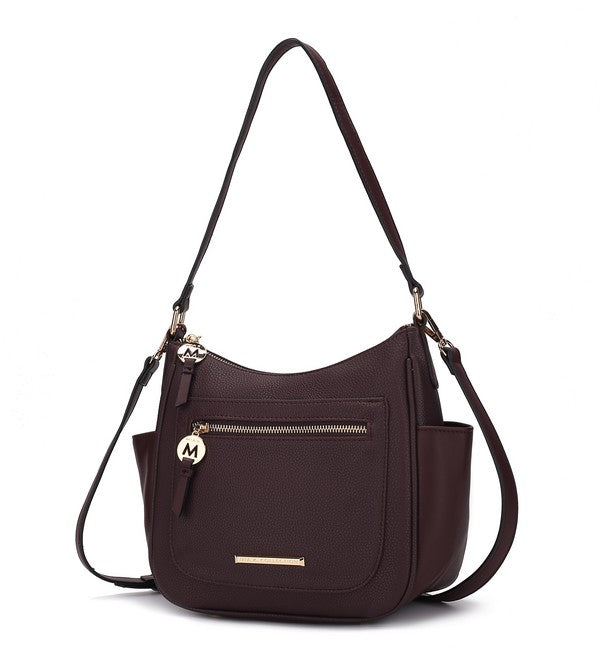 Wally shoulder bag in dark plum with front zip pocket, gold bar detail, and strap