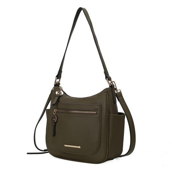 Wally shoulder bag in olive with front zip pocket, gold bar detail, and shoulder strap