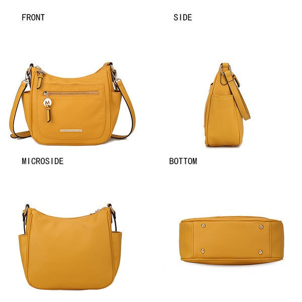 Wally handbag angles: front, side, micro side, and bottom views in mustard yellow.