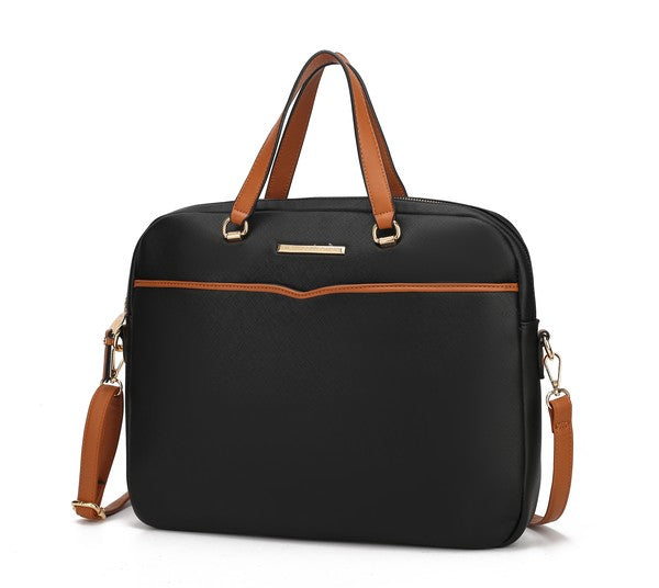 Rose Damen-Aktentasche, schwarze Tasche mit braunen Griffen und seitlichem Schulterriemen