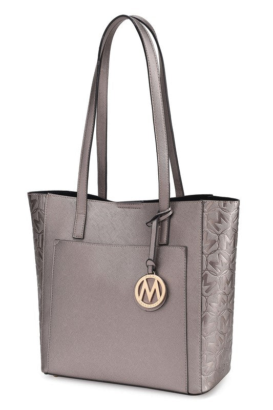 Lea veganes Kunstleder-Tote für Damen, Pewter, geprägte Seiten, M-Logo-Anhänger