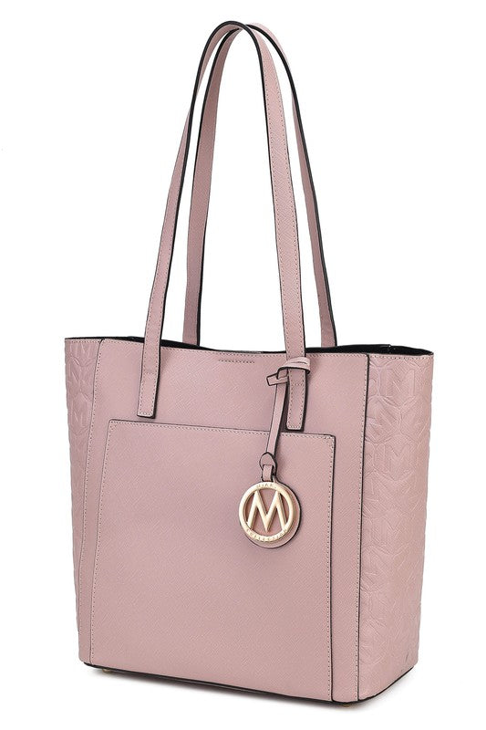 Dusty rose vegan leather tote with gold M logo charm and textured side panels