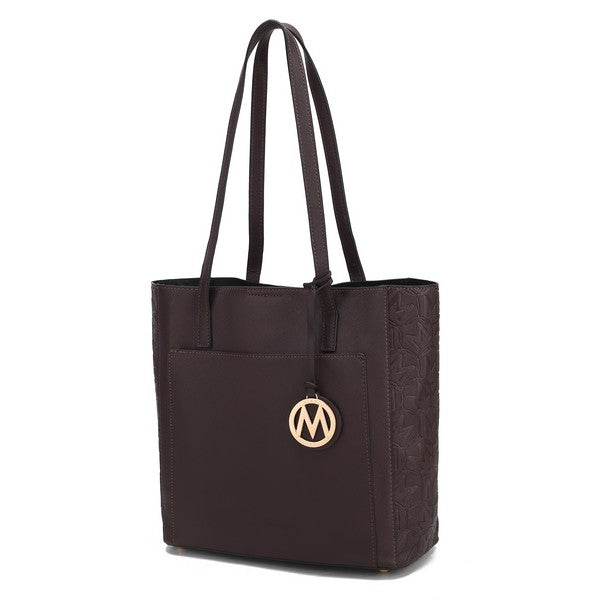 Lea veganes Kunstleder-Tote für Damen, Cognacbraun, geprägte Seiten, M-Logo-Anhänger