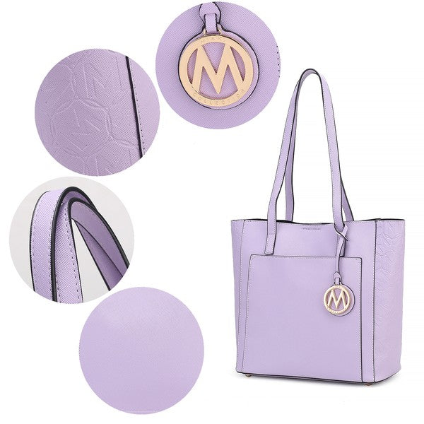 Lilac vegan leather tote close-up: logo charm, handles, and textured panel details