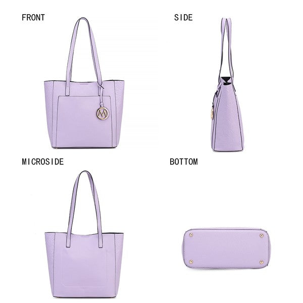 Lilac tote bag design views: front, side, microside, and bottom with logo charm