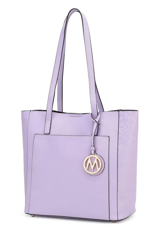 Lilac vegan leather tote with gold M logo charm and textured side panel