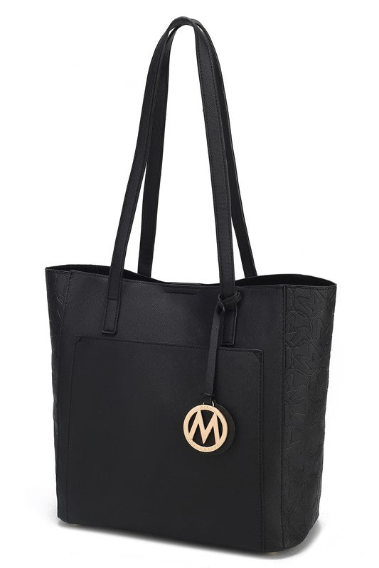 Black vegan leather tote with gold M logo charm and textured side panel