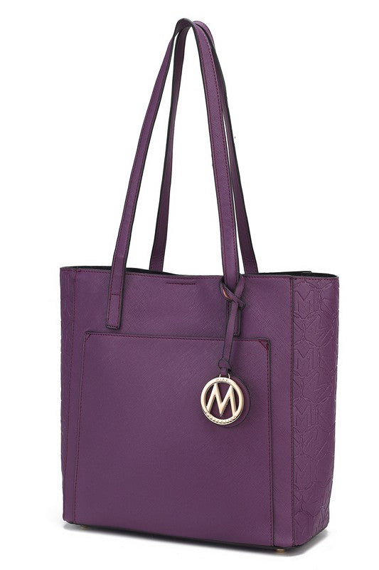 Lea veganes Kunstleder-Tote für Damen, Lila, Tragehenkel, Fronttasche, M-Logo-Anhänger