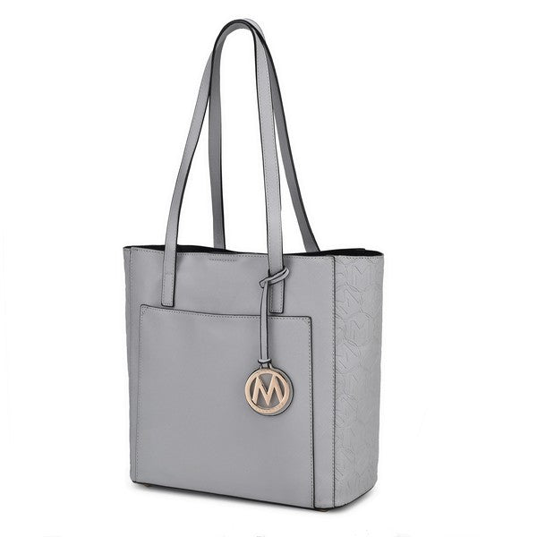 Lea veganes Kunstleder-Tote für Damen, Hellgrau, geprägte Einsätze, M-Logo-Anhänger