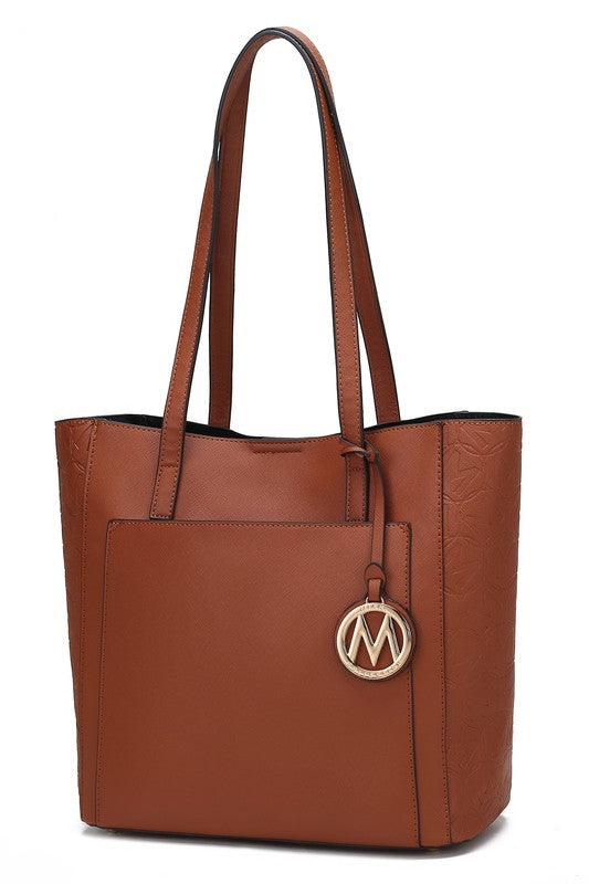 Cognac vegan leather tote with gold M logo charm and textured side panel