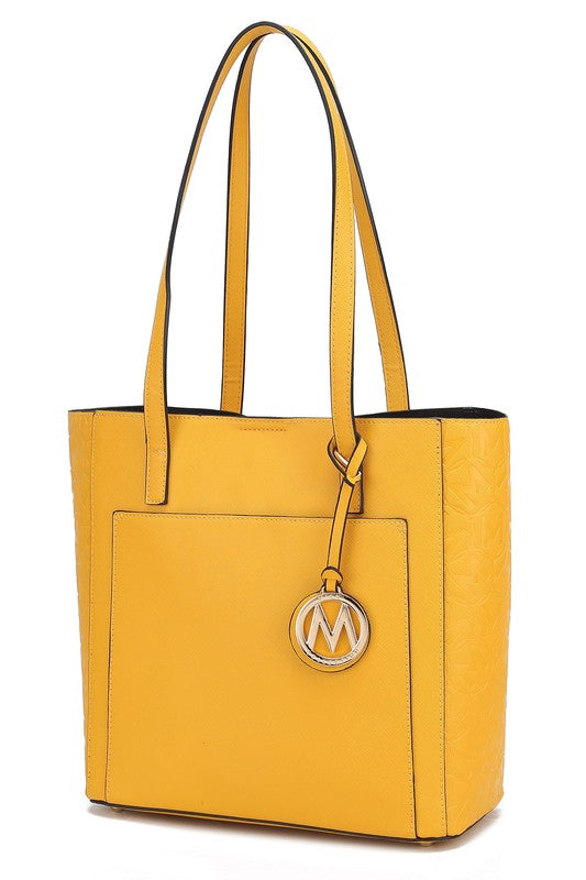 Lea veganes Kunstleder-Tote für Damen, Mustard, zwei Henkel, Fronttasche, M-Logo