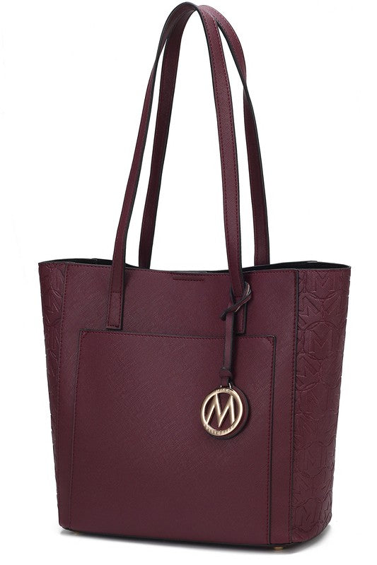 Burgundy vegan leather tote with gold M logo charm and embossed side panels