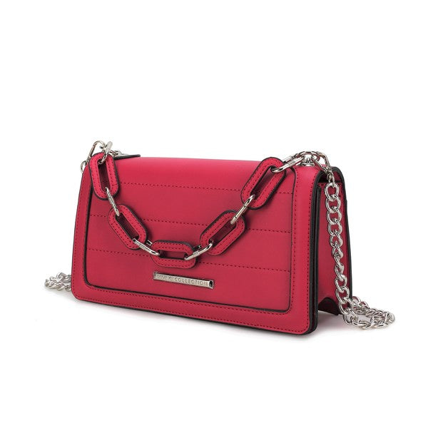 Dora crossbody bag fucsia/rosa con solapa frontal y correa de cadena plateada